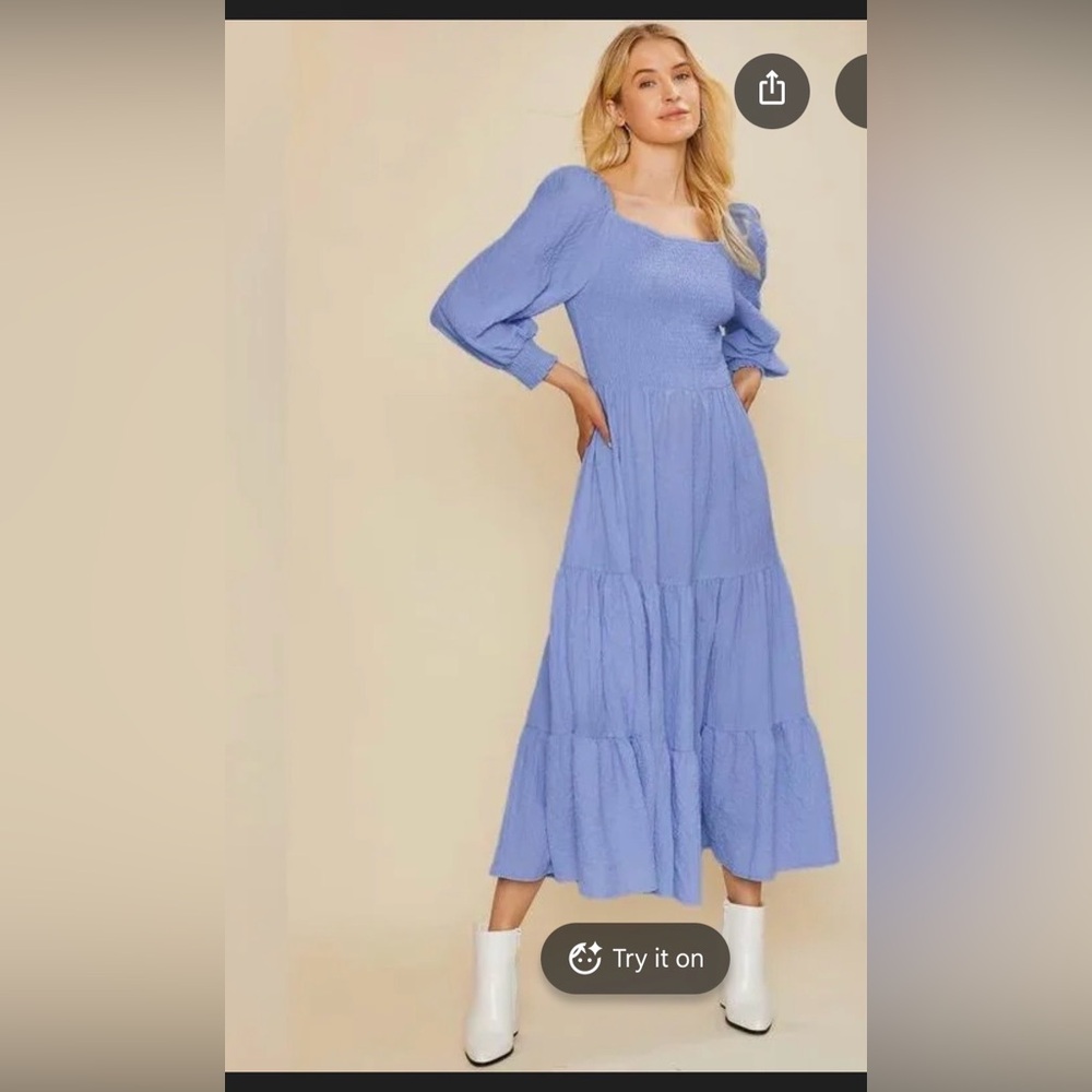 Smocked Bodice Long-Sleeve Tiered Maxi Dress - Blue